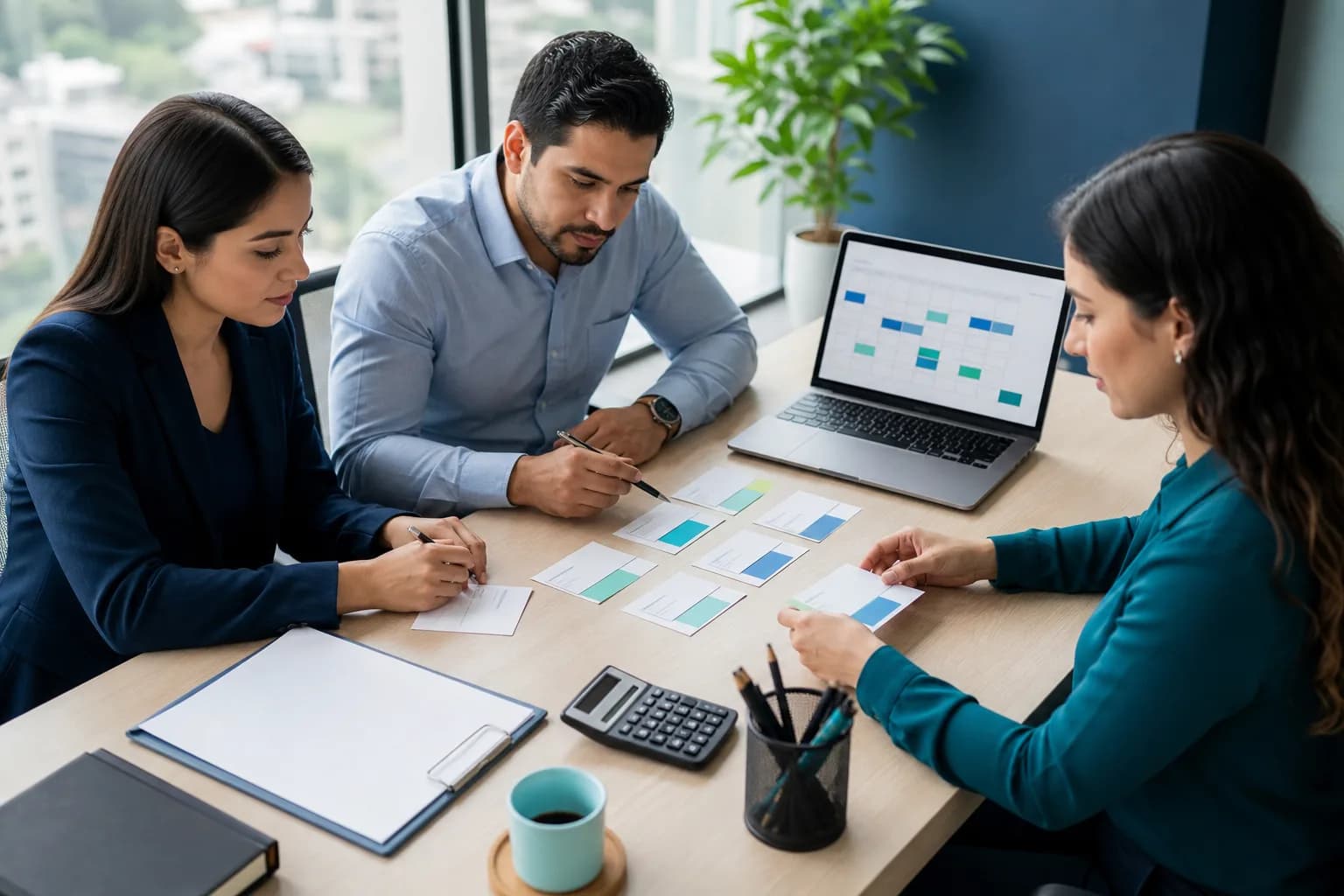Treasury team organizes international payment due dates using a digital calendar and documents on a table.